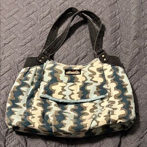 Kavu Teal Blue and Cream Shoulder Bag with Abstract Print